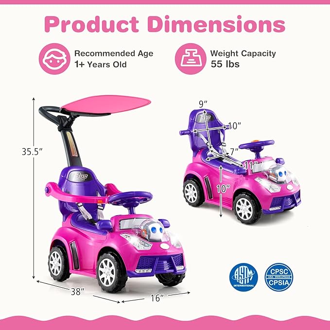 Costzon Push Car for Toddlers, 3 in 1 Stroller Sliding Walking Car with Handle, Canopy, Seat Belt, Horn, Music & Lights, Under-Seat Storage, Guardrail, Foot-to-Floor Ride On Toy for Boys Girls (Pink)