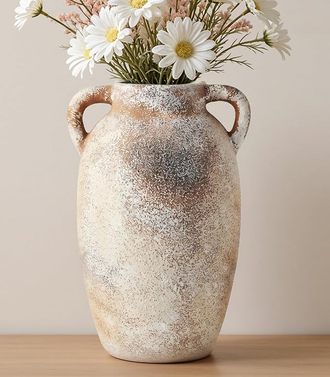 Ceramic Flower Vase, 9.8" Rustic Farmhouse Vase with Glazed Interior, Decorative Pottery Vase for Fresh Flowers, Eucalyptus, Dining Table Centerpiece, Entryway and Mantel Decor