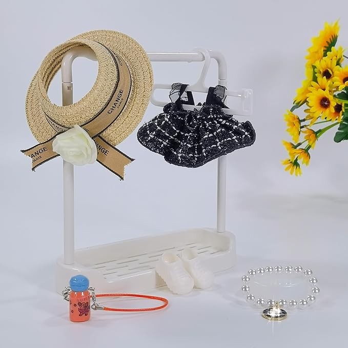 Chic Style 17cm Doll Clothes Accessories Set Include: 1 Dress, 1 Hat, 1 Necklace, 1 Water Bottle and 1 Shoes for Dress up Your Dolls (Doll Not Included), Black #1