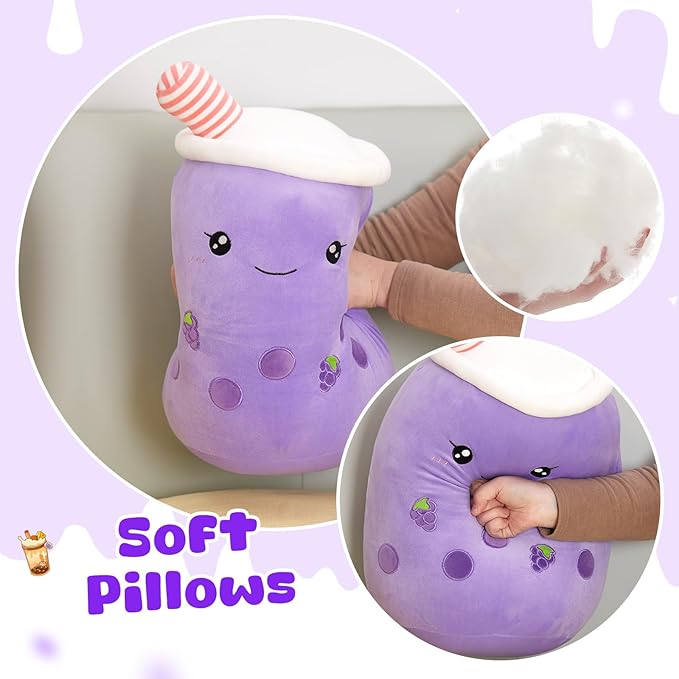 Athoinsu Purple Grape Boba Tea Plush Pillow 20'' Giant Kawaii Stuffed Bubble Animal Toy Birthday Christmas Holiday Valentines Gifts for Kids,Girls,Boys