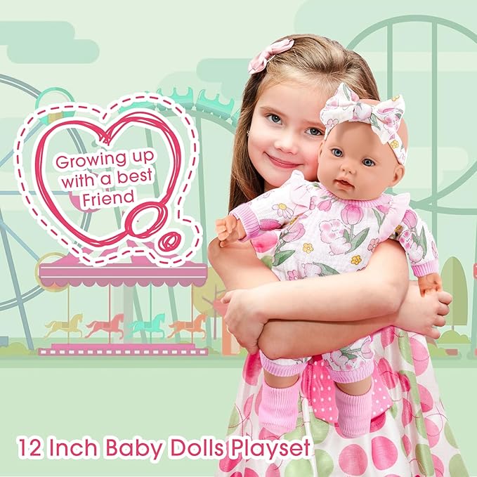 12" Girl Baby Dolls with Doll Clothes and Accessories,First Baby Doll Playset Includes Feeding Bottle,Pacifier Gift Idea for Toddler 3 Ages and Up