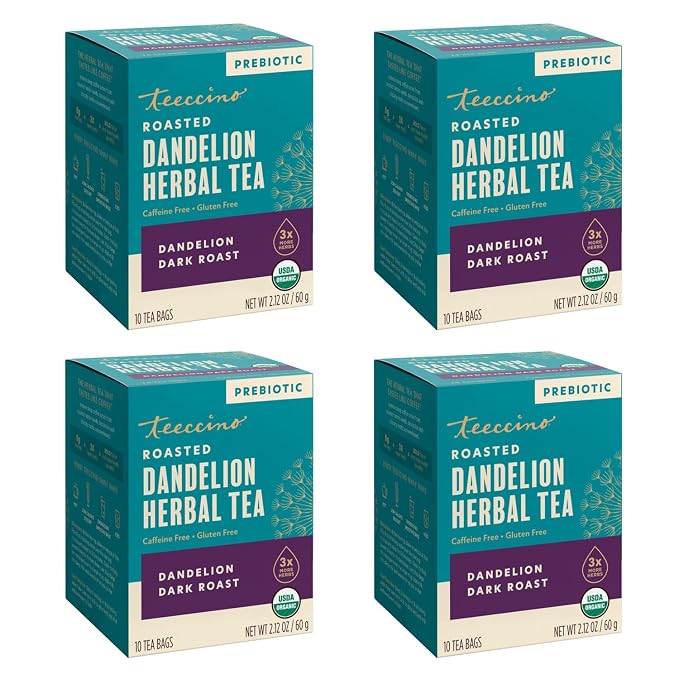 Teeccino Dandelion Tea – Dark Roast – Rich & Roasted Herbal Tea That’s Caffeine Free & Prebiotic with Detoxifying Dandelion Root, 10 Tea Bags (Pack of 4)