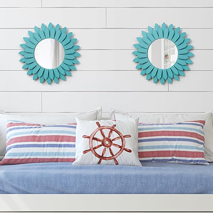 Beach Wall Decor Mirror 2 Pack 12 inch Wood Coastal Wall Decor Sunburst Boho Home Decor Room Decor for Bedroom Living Room Entryway Cyan