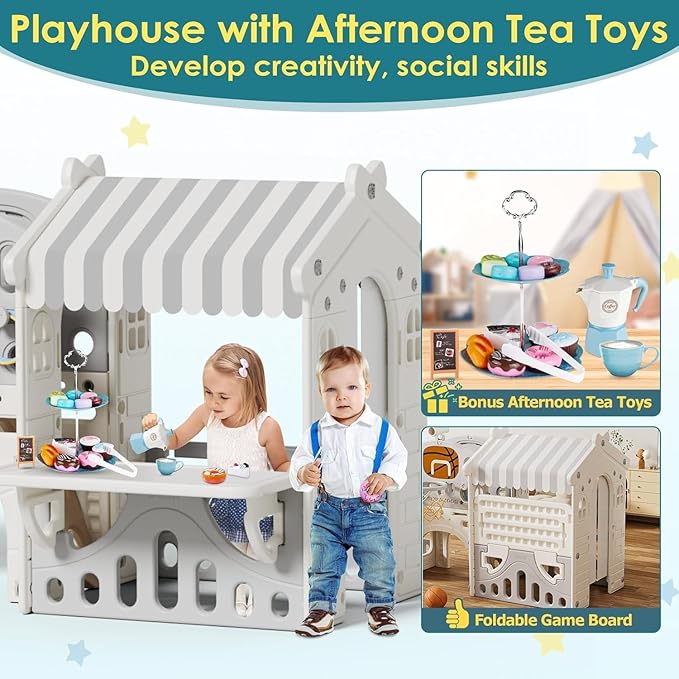 BIERUM 10 in 1 Toddler Slide with Basketball Hoop, Outdoor Slide for Toddlers Age 1-3 with Kid Playhouse, Indoor Toddler Playset Toddler Playground with Kitchen Toys Set Beige Gray
