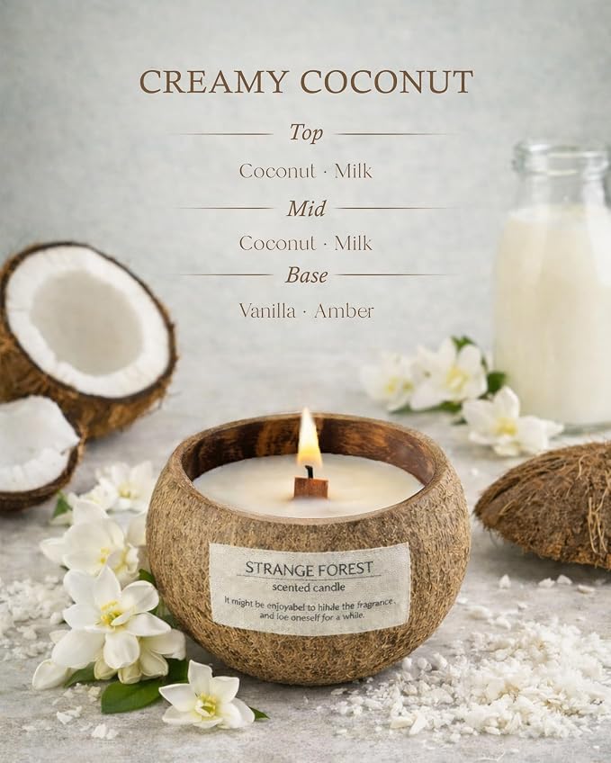 Coffee Moments Coconut Shell Scented Candle for Home, Natural Soy Wax Wooden Wick Candle, Handmade Non Toxic Aromatherapy Candle Gifts for Women, 50 Hour Long Lasting Decorative Candles
