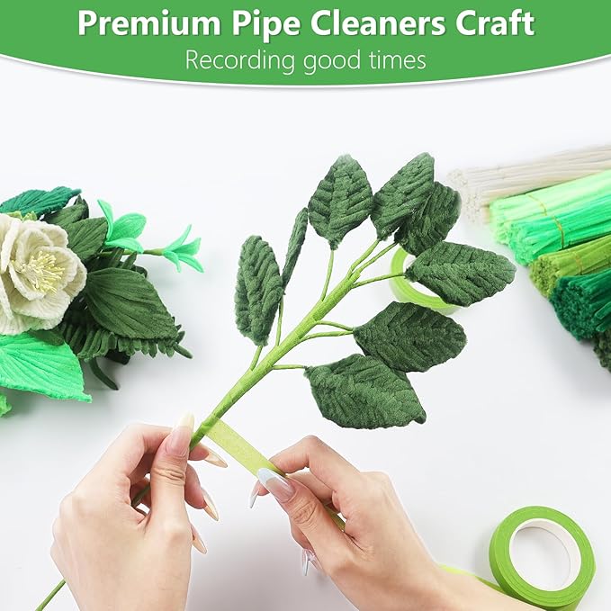 Green Pipe Cleaners, Pipe Cleaners Craft,400 Pieces Pipe Cleaner Flowers for Crafting 6 Colors Cleaner with 20 Pieces Green Craft Thread, Ribbon, Tape,DIY Art and Craft Projects Creative Gift