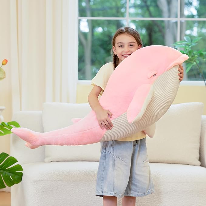 Tezituor 4ft Giant Whale Stuffed Animal, 43.3 inch Large Stuffed Pink Whale Plush Ocean Toys, Hugging Soft Whale Plush Pillow for Girls Boys