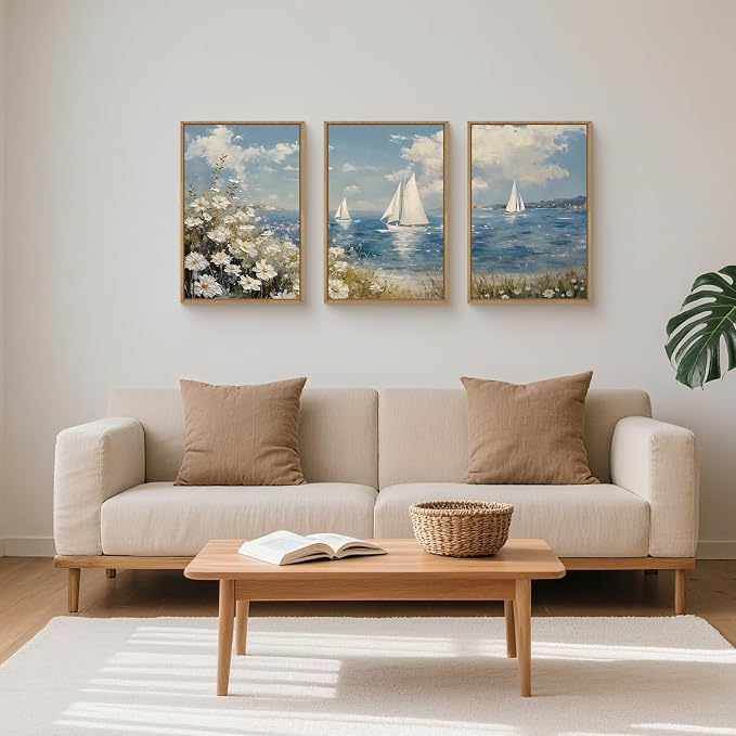 FWIEXA Coastal Wildflower Canvas Wall Art Framed, Ocean Sailboats Pictures Wall Decor, Beach Flower Seascape Painting, Blue Sky 3 Pieces 24x36In Artwork for Living Room, Bedroom, Bathroom, Rustic Farmhouse