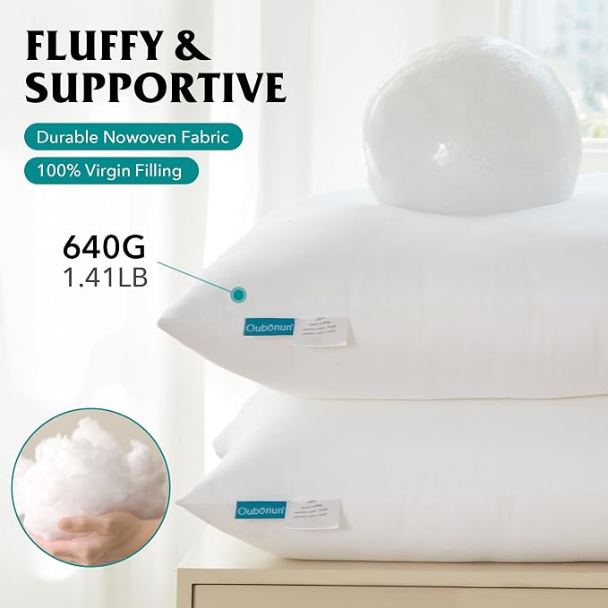 Oubonun 20 x 20 Throw Pillow Inserts Set of 4 | Soft, Plush & Decorative Down Alternative Pillows for Couch Sofa Bed, Machine Washable - White, Pack of 4