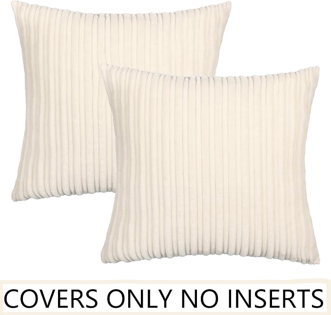 UGASA Corduroy Striped Soft Decorative Throw Pillow Covers Soild Square Set Cushion Cases Pillowcases for Sofa Bedroom, 2 Pcs, 16x16inch, Cream