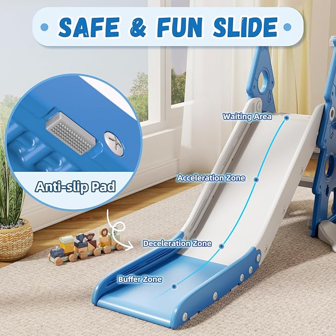 XJD 6-in-1 Toddler Slide and Swing Set, Kids Slide for Toddlers Age 1+, Toddler Outdoor Playset with Basketball Hoop, Football Frame, Swing, Christmas Birthday Gifts for Kids (Light Blue)