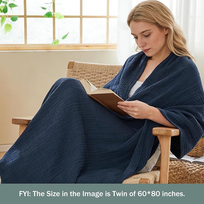 EMME Muslin Blankets for Adults Throw Blanket for Couch Breathable Gauze Soft Lightweight Airy Navy Super King 120" x 94"