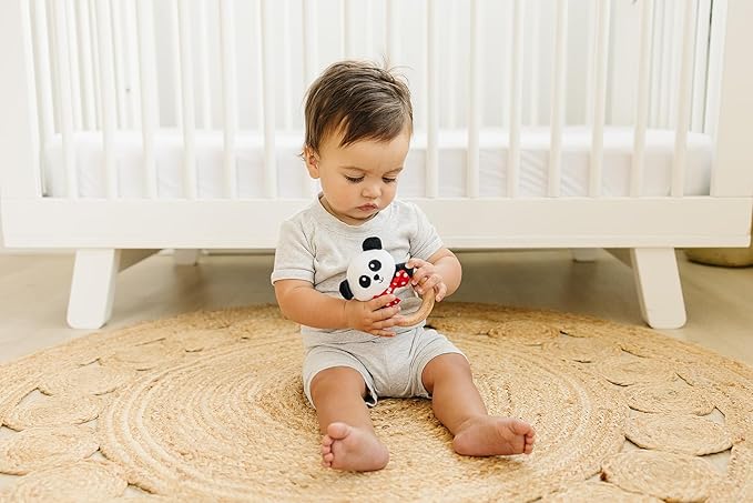 Baby Rattle in High Contrast Colors, Baby Rattles & Plush Rings with Cute Panda Plush, 5", Wooden Infant Toy, Perfect Size for Small Hands, Teach Grasping, Nontoxic, 0-3 Months Newborn, Infant Toys
