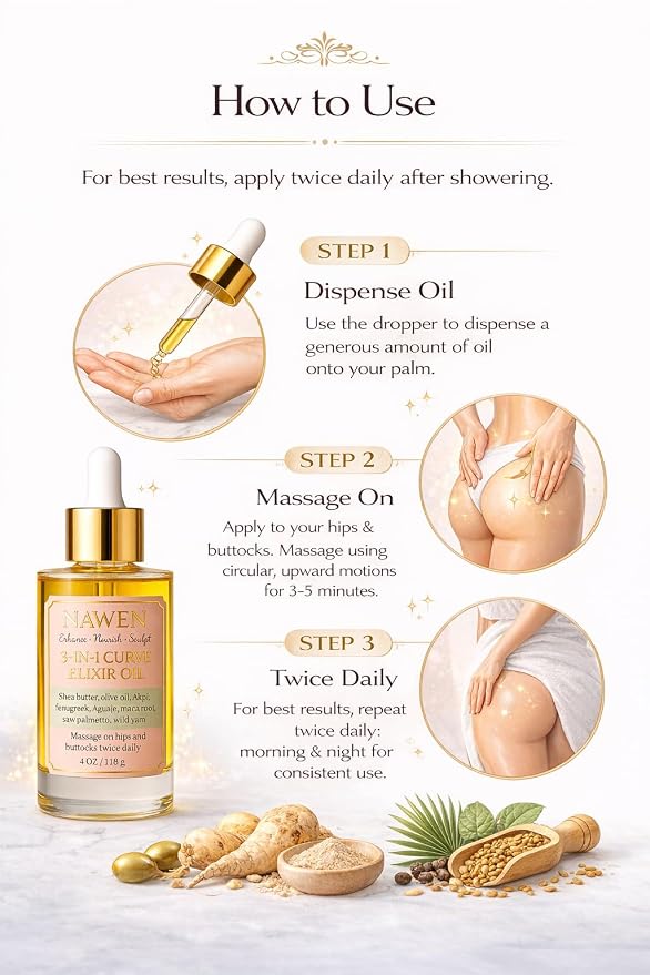 Hips & Buttocks Massage Oil with Fenugreek, Aguaje & Maca Root – Curve Enhancement (4 Ounces)