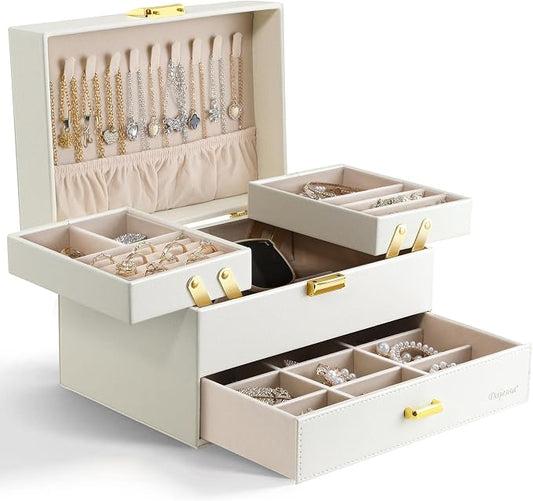 Jewelry Organizer Box, Large Jewelry Boxes for Women Girls, Space-Saving 3 Layers Jewelry Storage Case with Drawer, Movable Metal Stand, Modern, Gift Idea (Cloud White + Gold)