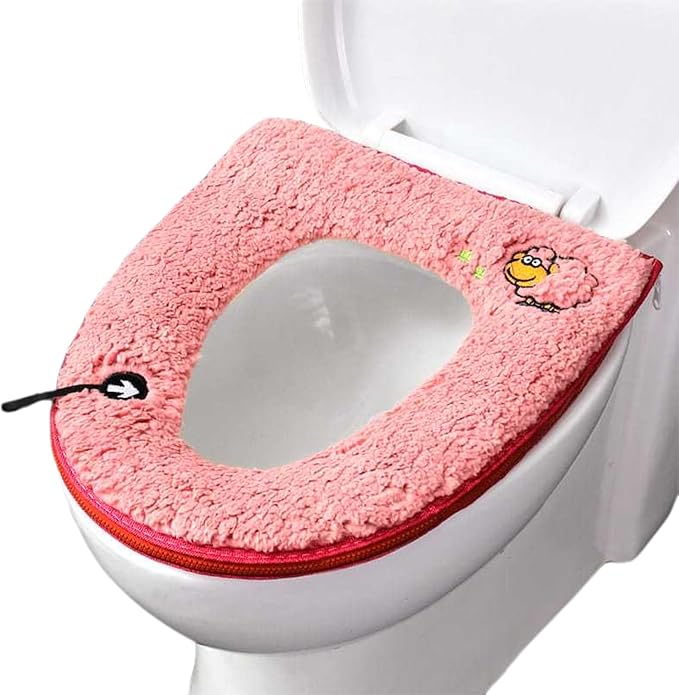 Warm Plush Toilet Seat Cover:Thicken Toilet Seat Pad with Hanging Loop and Zipper, Bathroom Soft Toilet Seat Covers Washable Cushion (Pink)