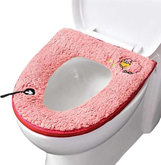Warm Plush Toilet Seat Cover:Thicken Toilet Seat Pad with Hanging Loop and Zipper, Bathroom Soft Toilet Seat Covers Washable Cushion (Pink)