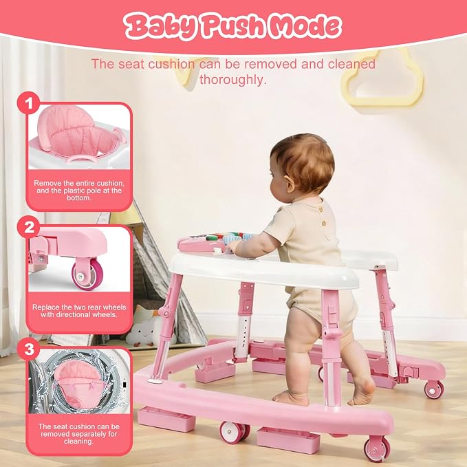 5-in-1 Baby Walker for Boys and Girls Music and Lights 6-18 Month, Foldable Baby Walkers with 5 Adjustable Heights, Infant Toddler Walker with Wheels and Combo Portable（Pink）