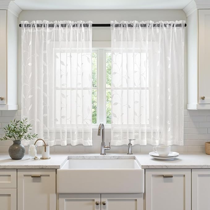 MIULEE White Sheer Curtains 2 Panels Embroidered Leaf Patterned Rod Pocket Floral Semi Sheer Faux Linen Short Window Curtains Drapes Set for Kitchen Living Room Bedroom, 52x54 Inches Length