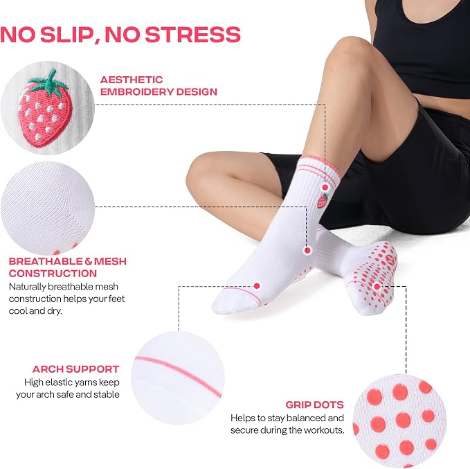 COOLMATE Pilates Socks with Grips for Women, Yoga Socks, Crew Non Slip Women for Barre, Pilates Gifts for Women