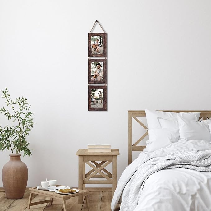 QUTREY 4x6 Picture Frames Collage, 3 Openings 4 x 6 Vertical Hanging Photo Frames Display 4 by 6 inch Pictures for Wall Decor Room Decor, Distressed Brown