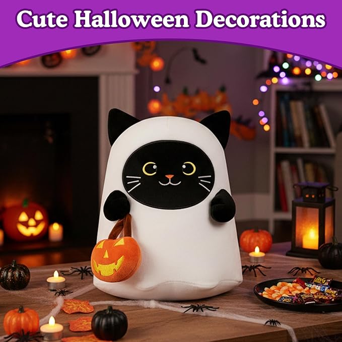 Halloween Ghost Stuffed Animal, Halloween Ghost Black Cat Plush Toy with Pumpkin Gifts for Girls Boys Decor 10 Inch