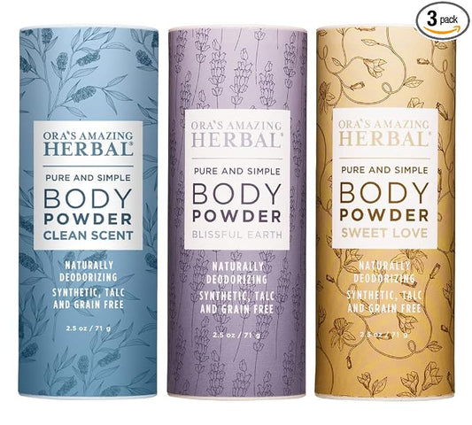 Ora's Amazing Herbal Natural Talc-Free Body Powder for Women, Variety Pack with Essential Oils, No Talc or Corn, Grain-Free, Scented Bath and Dusting Powder, 2.5 oz (3-Pack)