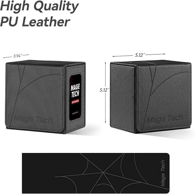 Mage Tech Card Deck Box for MTG Commander - Patented Design, Commander Display, Fits 100 Double-Sleeved Cards, 35pt Card Brick & Dice Tray - Justice Black