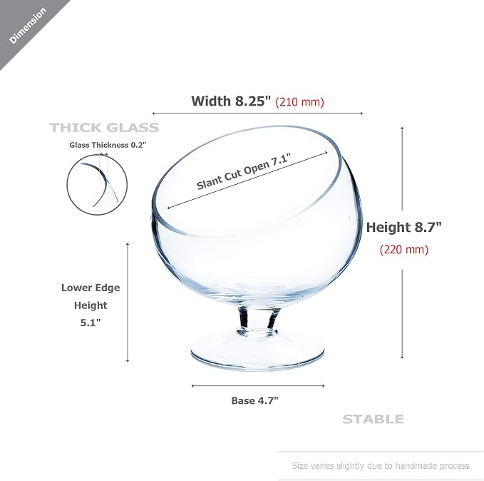 WGV Slant Cut Bowl Glass Vase with Stand, Width 8.25", Height 8.75", Clear Planter Terrarium, Candy Dish, Fruit Jar for Wedding Party Event, Home Office Decor, 1 Piece