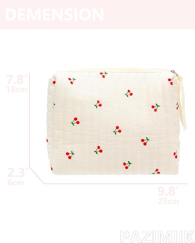 PAZIMIIK Quilted Makeup Bag Large Travel Zipper Soft Cosmetic Pouch for Women Girls Make Up,Cherry Beige