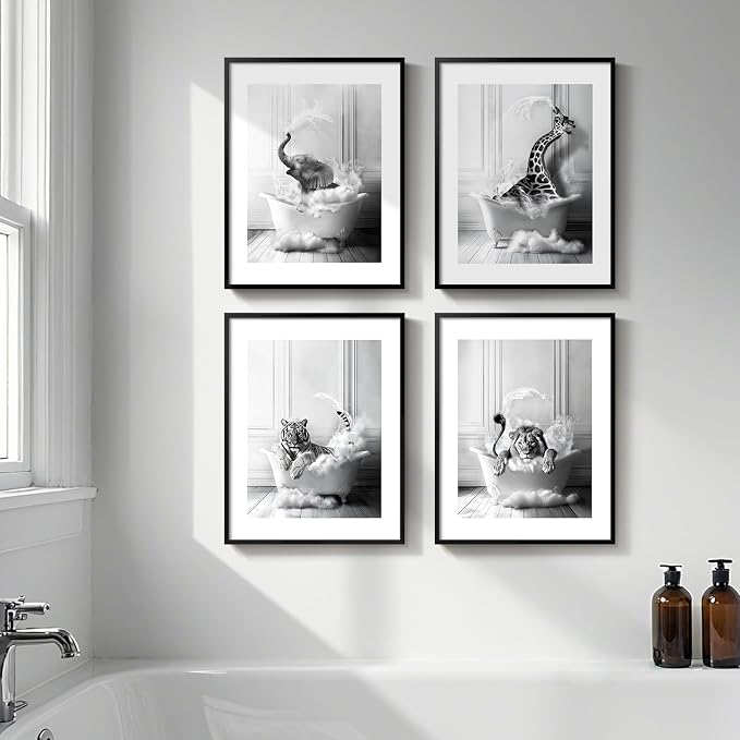 Framed Funny Bathroom Wall Art, 4 Piece Modern Black and White Canvas Prints Painting Artwork for Walls, Elephant Lion Tiger Giraffe Bathing Animals in Bathtub Pictures Kids Bathroom Wall Decor, 11x14