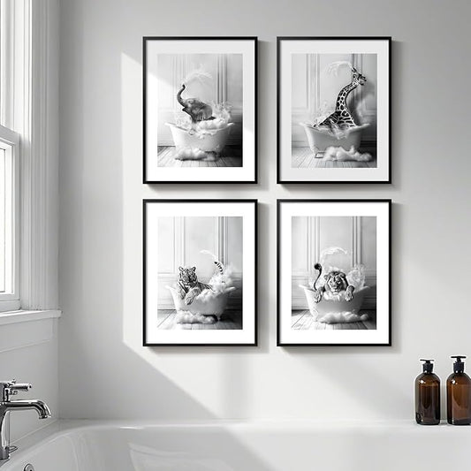 Framed Funny Bathroom Wall Art, 4 Piece Modern Black and White Canvas Prints Painting Artwork for Walls, Elephant Lion Tiger Giraffe Bathing Animals in Bathtub Pictures Kids Bathroom Wall Decor, 11x14
