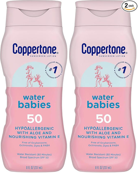 Coppertone WaterBabies Baby Sunscreen Lotion SPF 50, Hypoallergenic Sunscreen for Babies, Water Resistant, Pediatrician Recommended, 8 Fl Oz Bottle (Pack of 2)