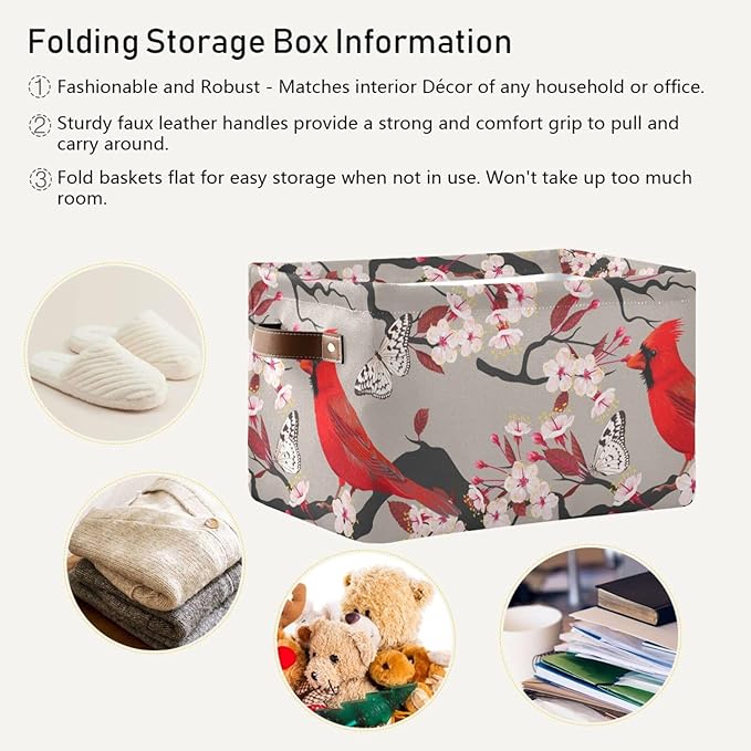 Aslsiy Storage Basket Cardinal Blooming Cherry Nursery Bins Butterfly Baby Box Canvas Clothes Shelf Basket Laundry Hamper Gift Basket for Home Closet 1 Pcs