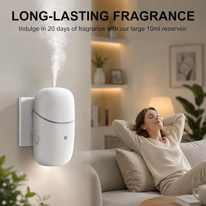 Waterless Diffuser, Essential Oil Diffuser with Low/High Switch & Timer, Plug in Diffuser with Night Light, Quiet Wall Aromatherapy Diffuser for Home, Living Room, Bedroom, Bathroom, White
