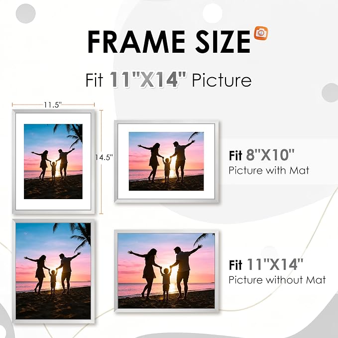 FIXSMITH 11x14 Picture Frame 2 Pack, Silver Photo Frame with HD Plexiglass, Display Pictures 8x10 with Mat or 11x14 Without Mat, Black Picture Frames Collage Wall Decor, Gallary Wall Frame