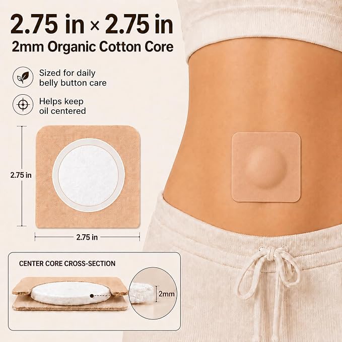 50Pcs Castor Oil Patches, Organic Cotton Castor Oil Pack Wrap Disposable Self-Adhesive Belly Button Patch Cover for Castor Oil, Mess-Free Anti Leakage No Wash Castor Oil Packs for Stomach