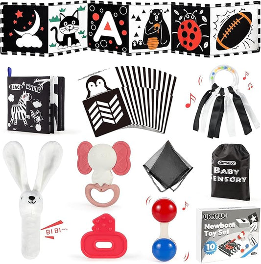 URMYWO 10 Pcs High Contrast Black and White Baby Toys for Newborn, Tummy Time Mirror, Rattle, Teether, Visual Stimulation Learning Cards, Sensory Toys for 0-6 Months, Baby Boy Girl Valentines Gifts