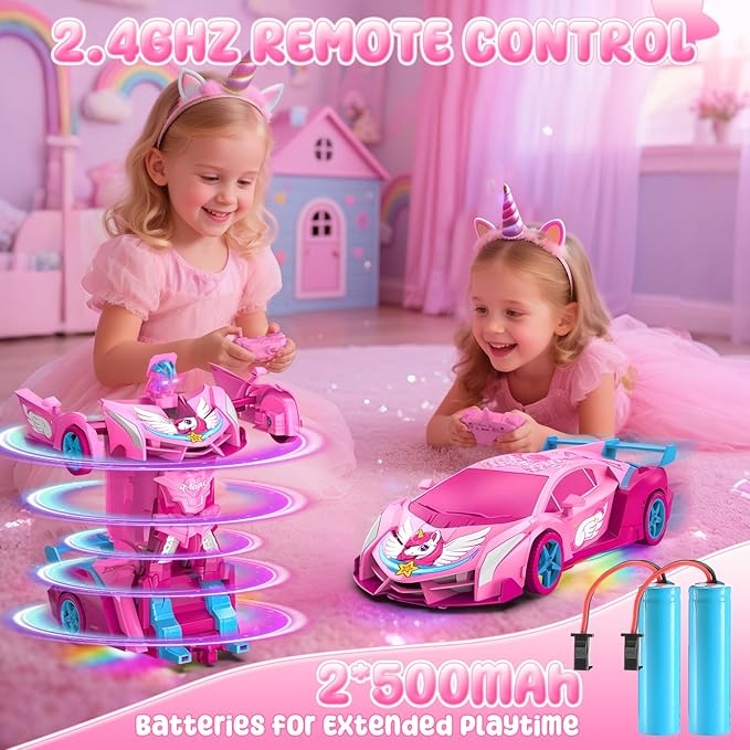Unicorn Transform RC Cars for Girls Toys with Rainbow Eyes & Underbody Lights, Fast 360°Rotation & 2.4GHz Robot Remote Control Car One-Button Deformation,Stocking Stuffers for 3-12 Year Old Girl Gifts
