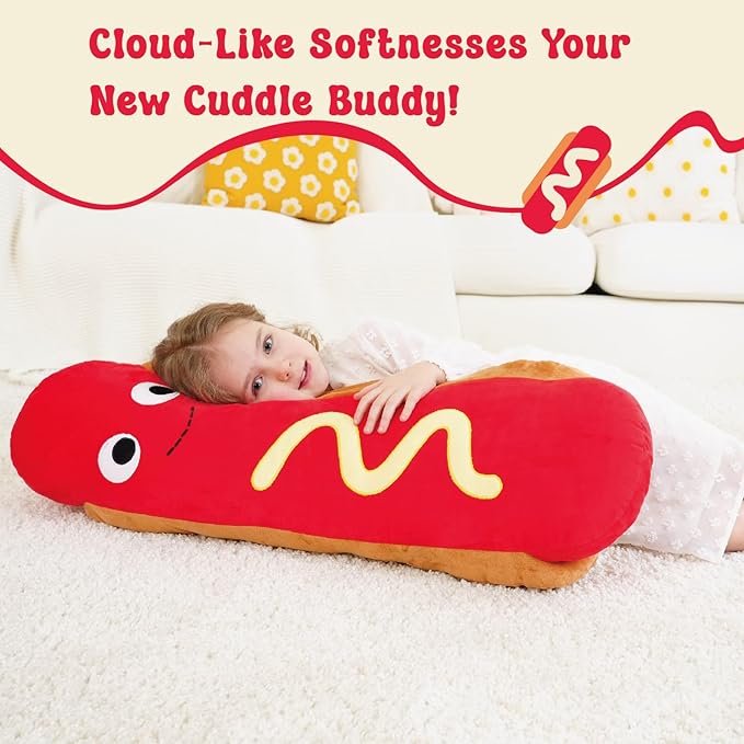 Giant Hot Dog Plush Pillow – 35 Inch Funny Food Plush Toy, Soft Stuffed Hot Dog Pillow, Oversized Hugging Cushion, Jumbo Plushie for Kids, Birthday