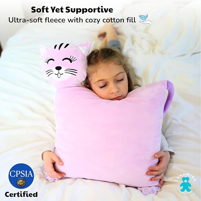 LUNAMIRA Kids Cat Plush Pillow – Cute Bedroom Decor Throw Pillow & Movie-Night Buddy, Cuddle Sleeping Pillow, Soft Comfort Toddler Travel Pillow, Washable Cover, 16”x14” Birthday for Kids