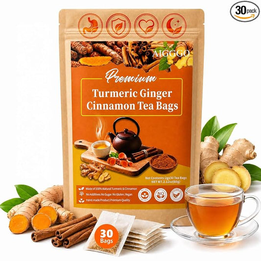 AIGGGO Turmeric Ginger Cinnamon Tea Bags, Digestive Support, 30 Count | Natural turmeric, ginger and cinnamon blend for digestive support and immune wellness, no sugar, vegan and gluten-free