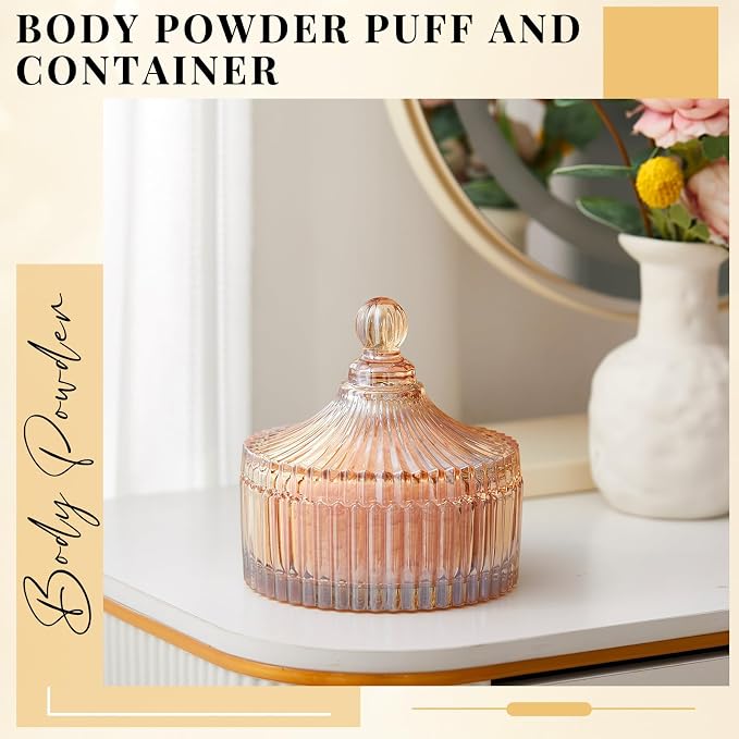 Tioncy 2 Pcs Extra Large Dusting Powder Puff and Container for Women-6'' Glass Crystal Dusting Powder Container with Body Soft Washable Reusable Velour Face(Amber,Classic)