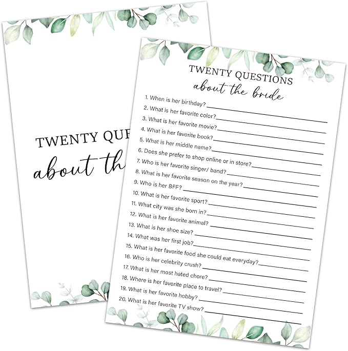 Twenty Questions About The Bride Game -Wedding Shower Games, Bridal Shower Games 30 Guests for Engagement Wedding Party(Eucalyptus Botanical Style) -0009