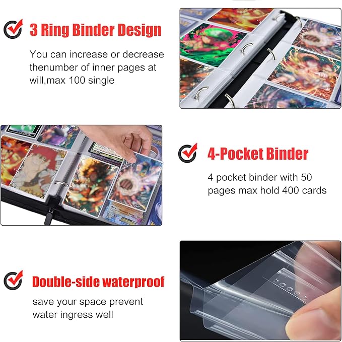 400 Pockets Anime Card Binder for One Piece Cards,Portable Waterproof Card Storage Book with Removable Sleeves for Anime and TCG Card