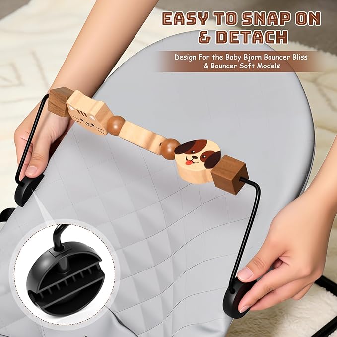 Toy Bar for Baby Bjorn Bouncer - Durable Wooden Sensory Toy Attachment with 360° Rotating Toys, Easy to Install & Remove, Natural Wood Color for Baby Bouncer Bliss & Soft Models