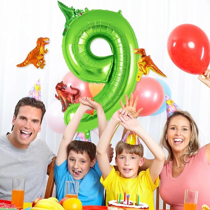 Dinosaur Green Number 9 Balloon, 40 Inch Big Large Foil Helium Green Number Balloon with 4 Pcs Mini Dinosuar, Dinosuar Mylar Balloons Set for 9 Year Old Birthday Party Decorations Supplies