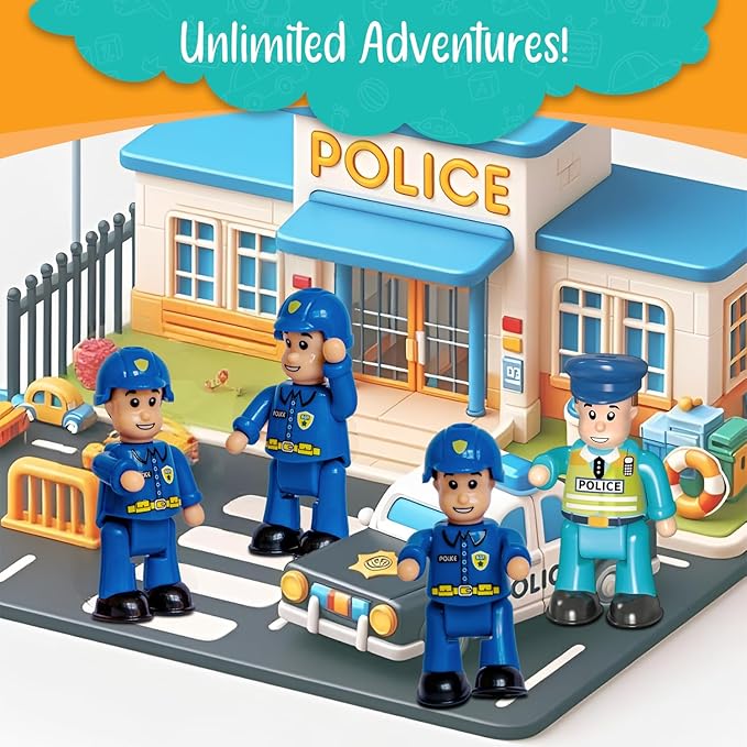 FUNERICA Police Officer Toy Figures- 4 Detailed Policeman & Police Chief - Imaginative Play Action Figures for Toddlers & Kids Roleplay - Little People Figurines - Mini Community Helpers