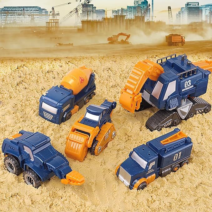 Toddler Construction Car Transform Set, 5pcs Dinosaur Rescue Robot with Magnetic Connectors, Assemble Building Trucks DIY STEM Toy, Birthday Present for Kids Boy Girl 3 4 5 6 7 Year