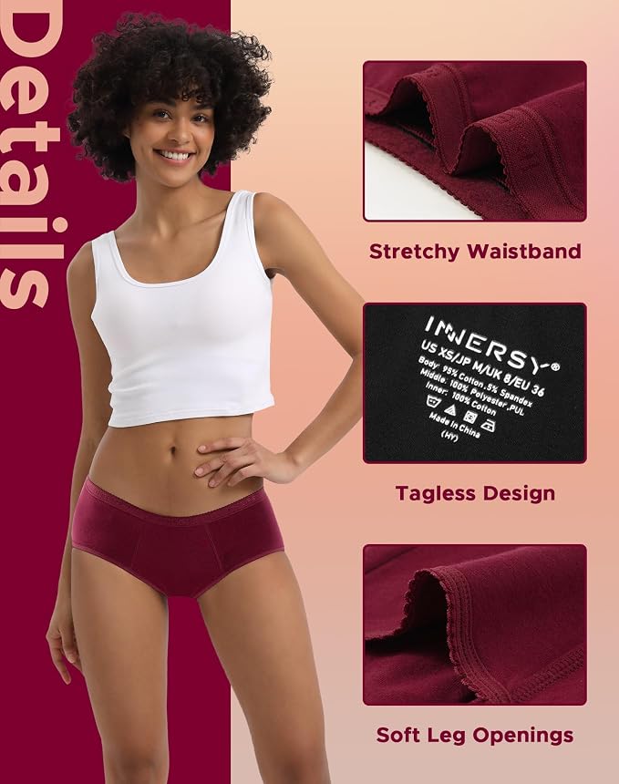 INNERSY Period Underwear for Women Teens Leak-Proof Menstrual Cotton Protective Hipster Panties 3-Pack